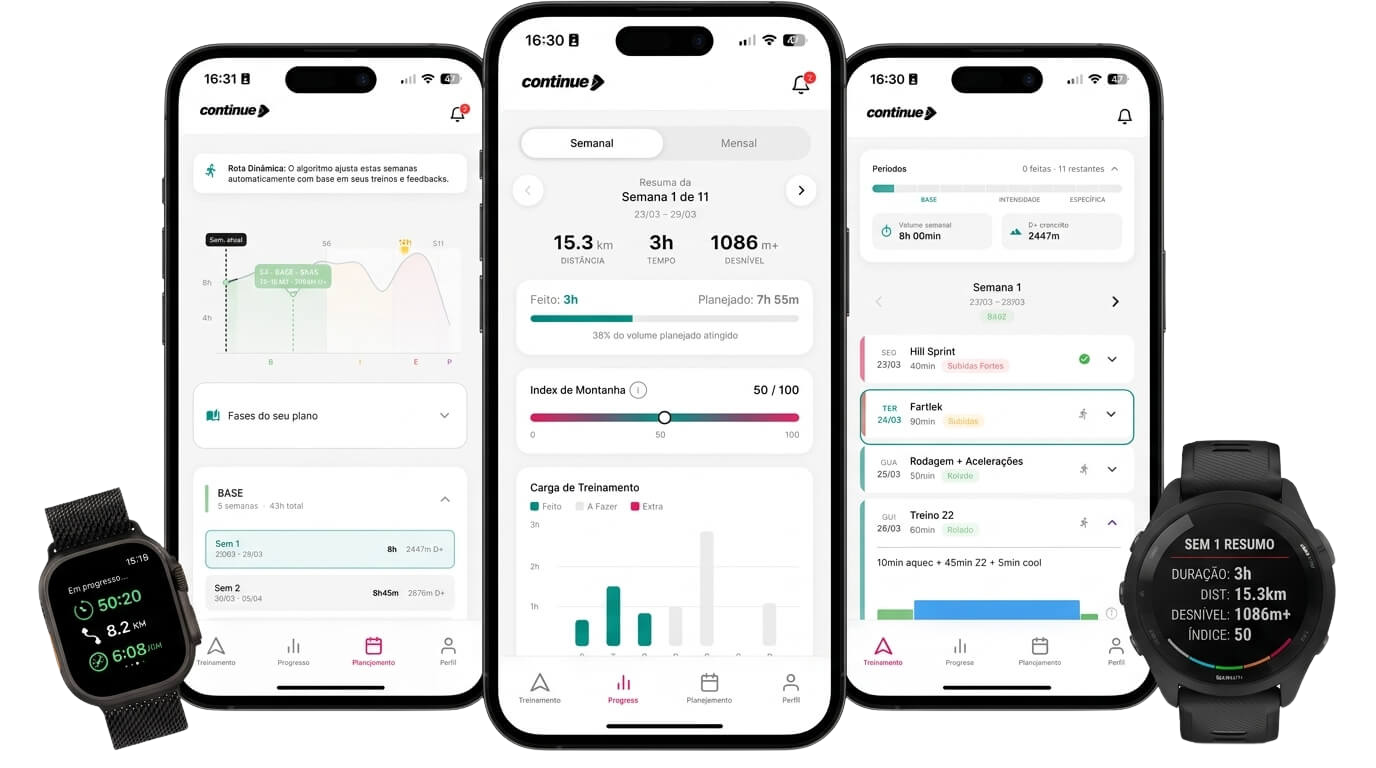 Telas do app Continue no celular e no relógio: resumo da semana, Index de Montanha e treinos do plano
